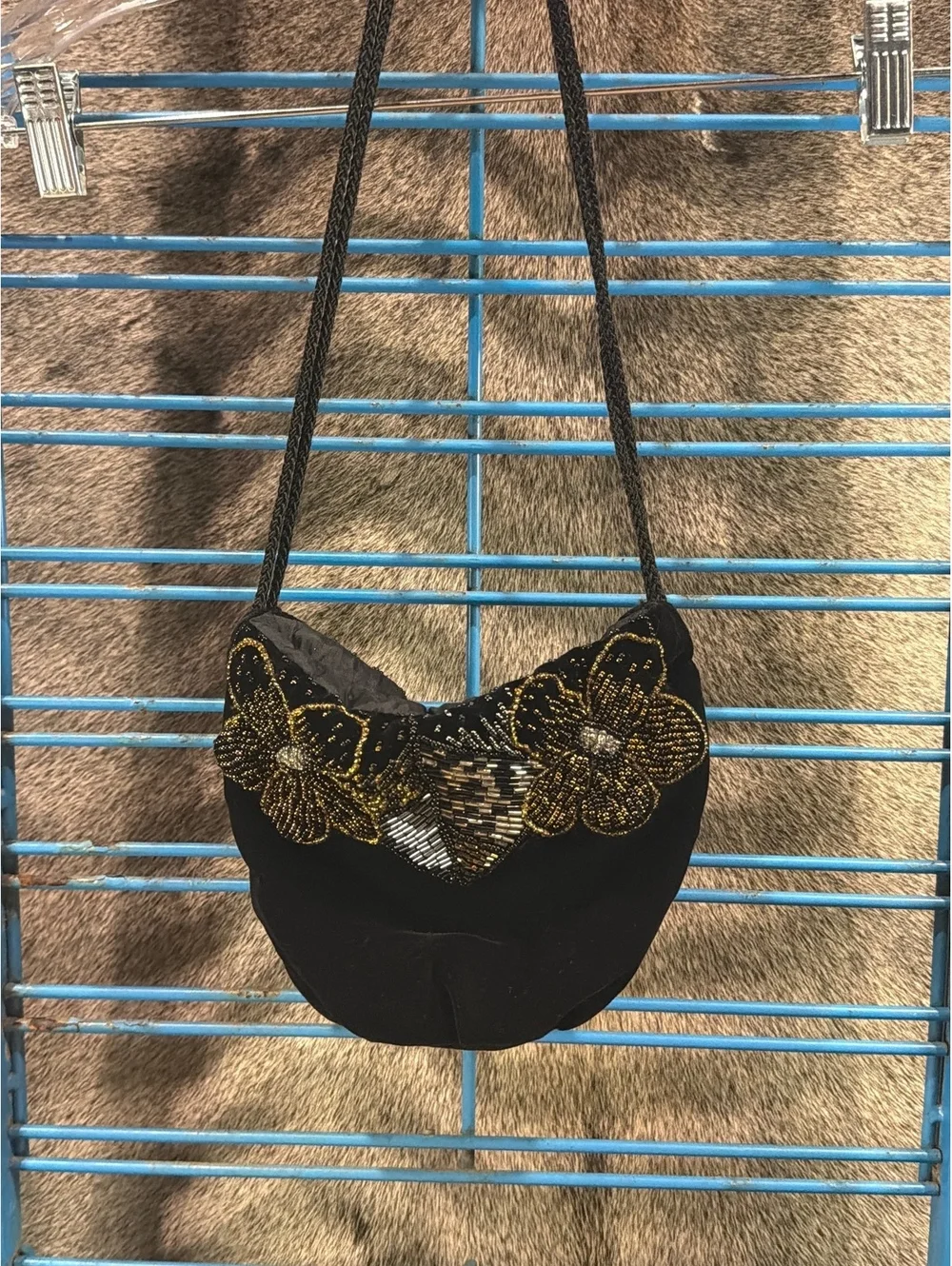 Vintage Black Beaded Evening Shoulder Bag with Floral Design